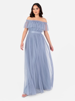 Anaya With Love Recycled Slate Blue Bardot Maxi Dress with Sash Belt