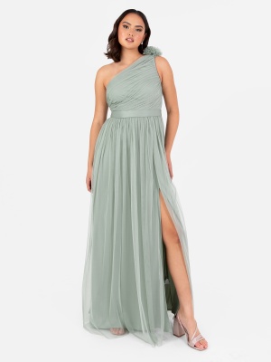 Anaya With Love Recycled Frosty Green Ruffled One Shoulder Maxi Dress with Sash Belt