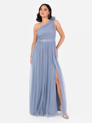 Anaya With Love Recycled Slate Blue Ruffled One Shoulder Maxi Dress with Sash Belt