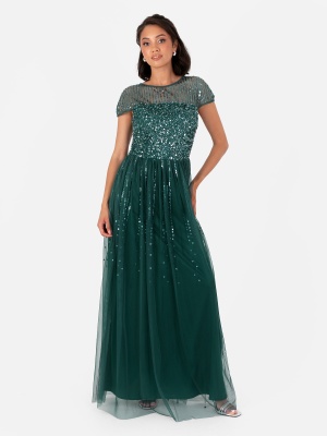 Maya Emerald Green Embellished Cap Sleeve Maxi Dress