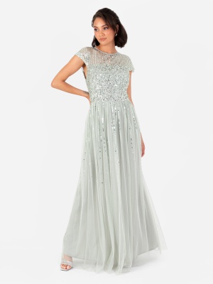 Maya Sage Green Embellished Cap Sleeve Maxi Dress