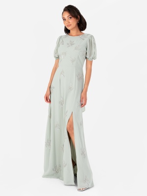 Maya Sage Green Embellished Short Sleeve Maxi Dress with Open Back