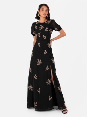 Maya Black Beaded Floral Embellishment Short Sleeve Maxi Dress with Open Back