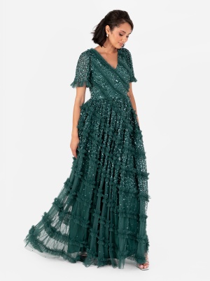 Maya Emerald Green Embellished V Neck Short Sleeve Maxi Dress 