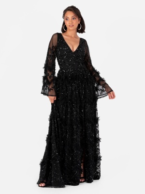 Maya Black Fully Embellished Maxi Dress with Frill Detail