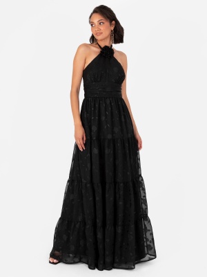 Maya Black Corsage Halter Floral Maxi Dress