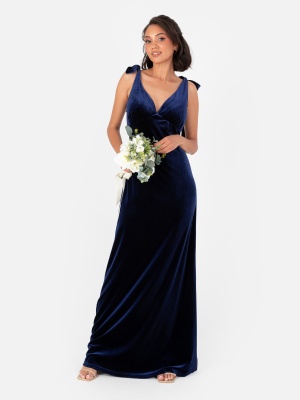 Maya Navy V Neck Tie Shoulder Velvet Maxi Dress