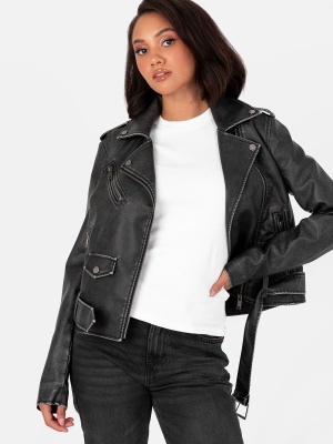 Lovedrobe Distressed Black Biker Jacket with Belt and Pockets