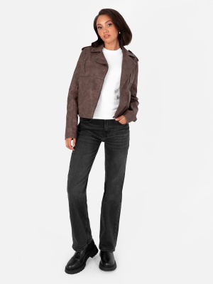 Lovedrobe Faux Leather Brown Biker Jacket with Pockets