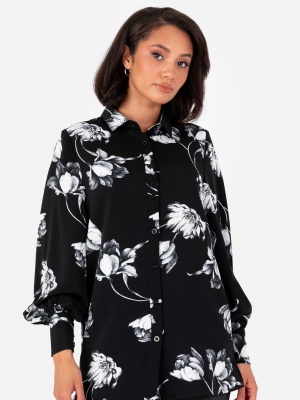 Lovedrobe Monochrome Floral Oversized Satin Shirt