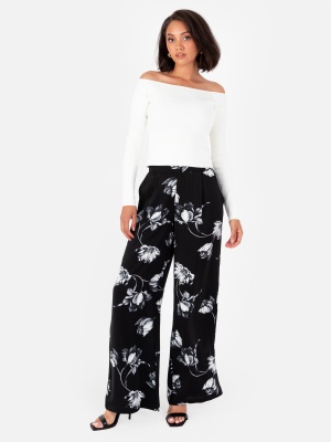 Lovedrobe Monochrome Floral Wide Leg Satin Trousers