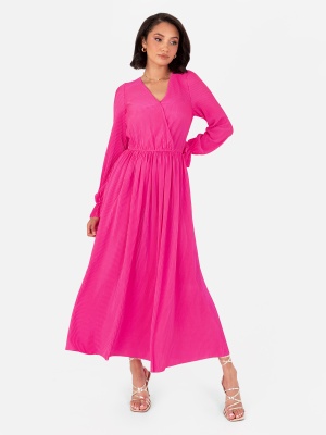 Lovedrobe Fuchsia Plisse Long Sleeve Midaxi Dress