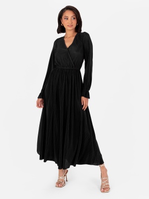 Lovedrobe Black Plisse Long Sleeve Midaxi Dress