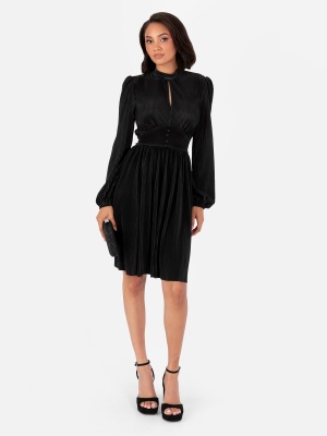 Lovedrobe Black Plisse High Neck Long Sleeve Mini Dress