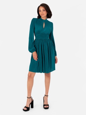 Lovedrobe Teal Plisse High Neck Long Sleeve Midi Dress