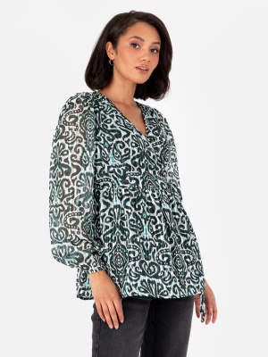 Lovedrobe Green Damask Print Long Sleeve Wrap Top