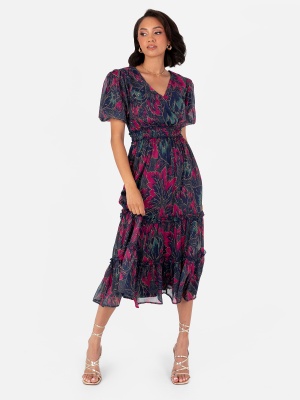 Lovedrobe Navy & Pink Floral Short Sleeve Midi Dress