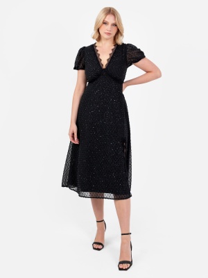 Lovedrobe Black Sparkly Glitter V Neck Midi Dress with Lace Trims