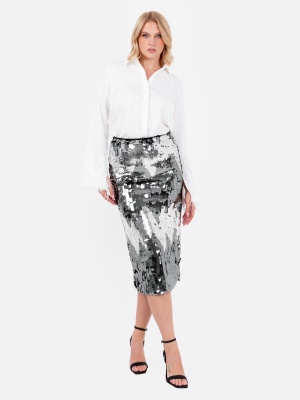 Lovedrobe Zig-Zag Silver Sequin Midi Skirt