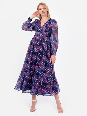 Lovedrobe Purple Long Sleeve Midi Dress with Silver Dobby Detail