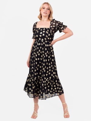 Lovedrobe Gold Star Short Sleeve Square Neck Black Midi Dress