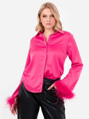 Lovedrobe Fuchsia Satin Shirt with Feather Cuffs