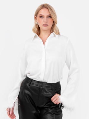 Lovedrobe White Satin Shirt With Feather Cuffs