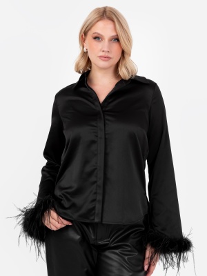 Lovedrobe Black Satin Shirt with Feather Cuffs