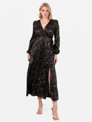 Lovedrobe Black Faux Wrap Midi Dress with Gold Detail