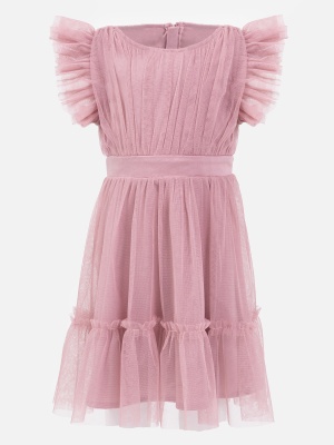 Mini Anaya Recycled Blush Pink Flutter Sleeve Midi Dress with Bow Detail