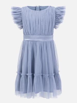 Mini Anaya Recycled Slate Blue Flutter Sleeve Midi Dress with Bow Detail