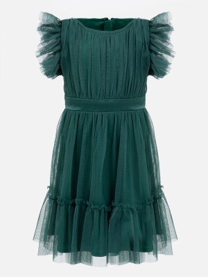 Mini Anaya Recycled Emerald Green Flutter Sleeve Midi Dress with Bow Detail