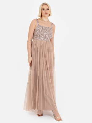 Maya Taupe Blush Embellished Strappy Maxi Dress