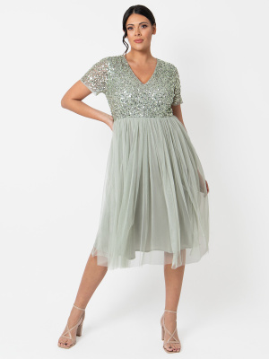 Maya Sage Green V Neckline Embellished Midi Dress - PLUS SIZE Wholesale Pack