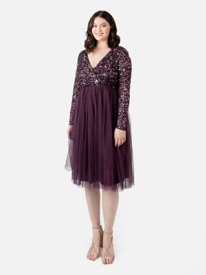 Maya Berry Faux Wrap Embellished Long Sleeve Midi Dress - PLUS SIZE Wholesale Pack